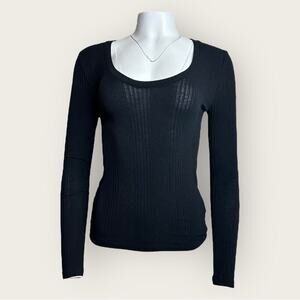 NWT | Avec Les Filles | Ribbed Scoop Neck Long Sleeve Top | Black | Medium